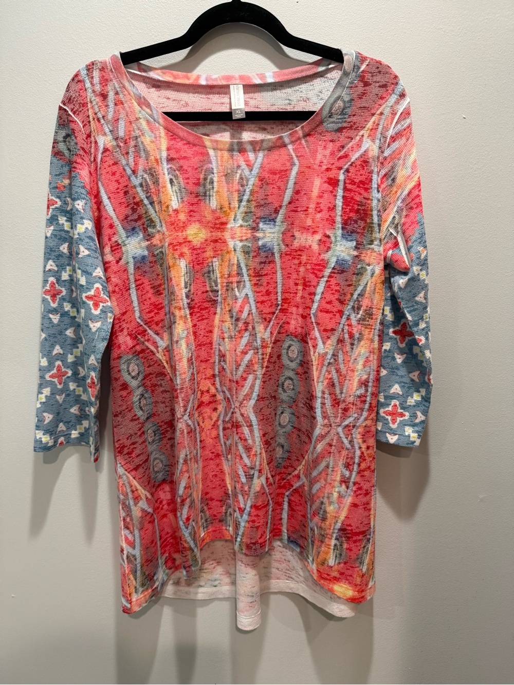 Whimsy Rose Red Abstract Print Top XL Boho Soft Stretch Casual